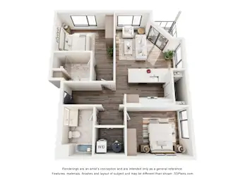 The Wright two bedroom apartment floor plan at Webster Station Flats in Dayton, Ohio