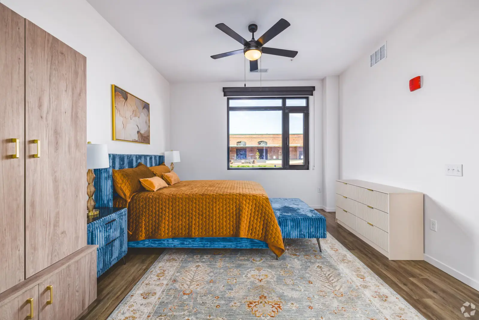 Bedroom in a Flyer one-bedroom apartment at Webster Station Flats