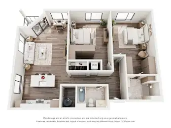 The Oregon two bedroom apartment floor plan at Webster Station Flats in Dayton, Ohio