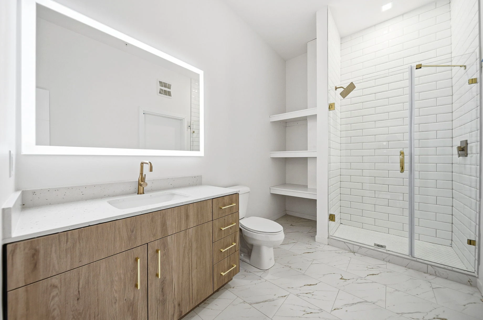 Spa-inspired bath with walk-in tile shower