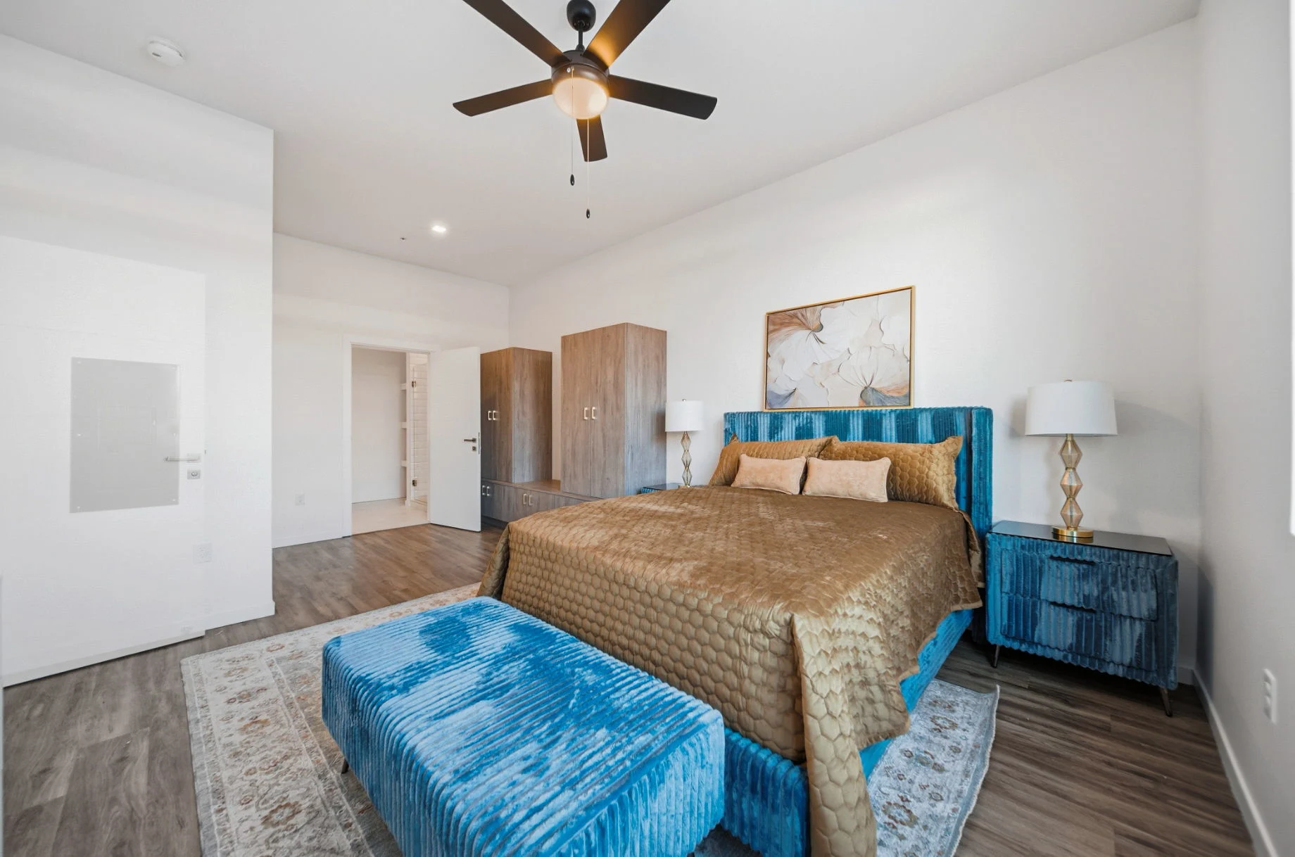 Spacious primary bedroom in a Webster Station Flats home
