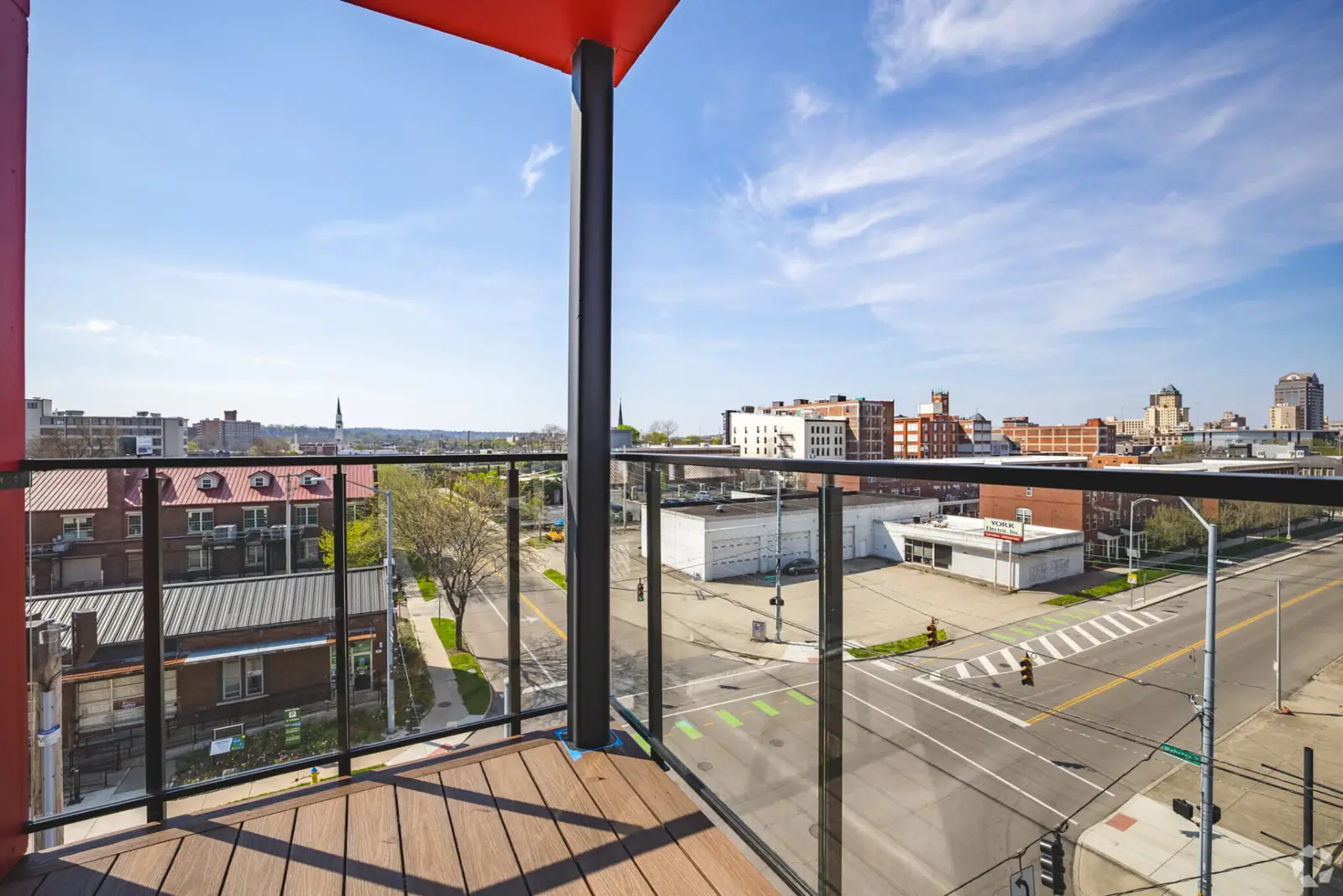 Private balcony with downtown Dayton skyline views at Webster Station Flats