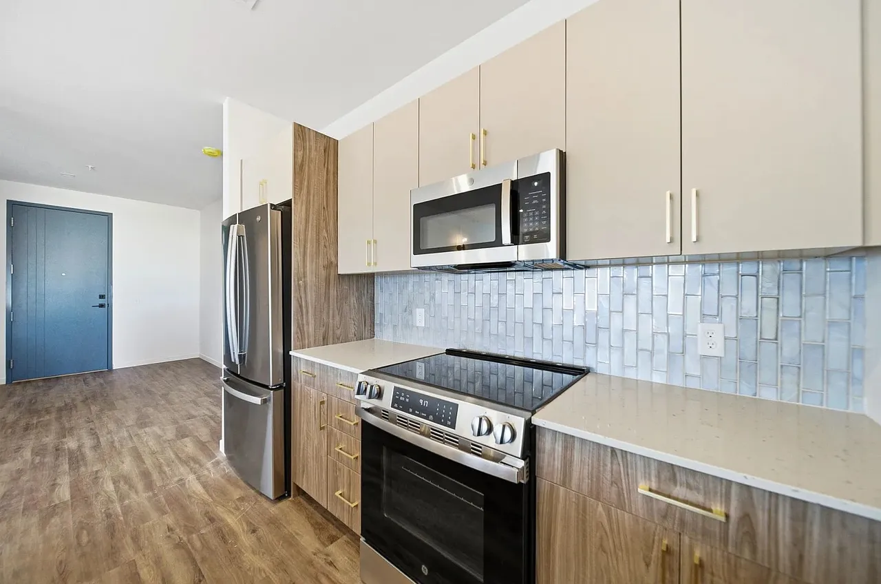 Designer kitchen with quartz counters at Webster Station Flats