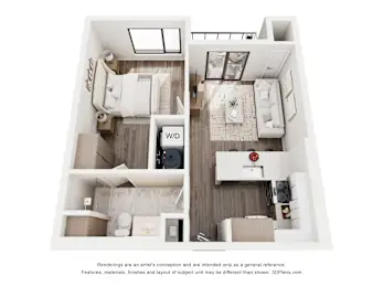 The Flyer one bedroom apartment floor plan at Webster Station Flats in Dayton, Ohio